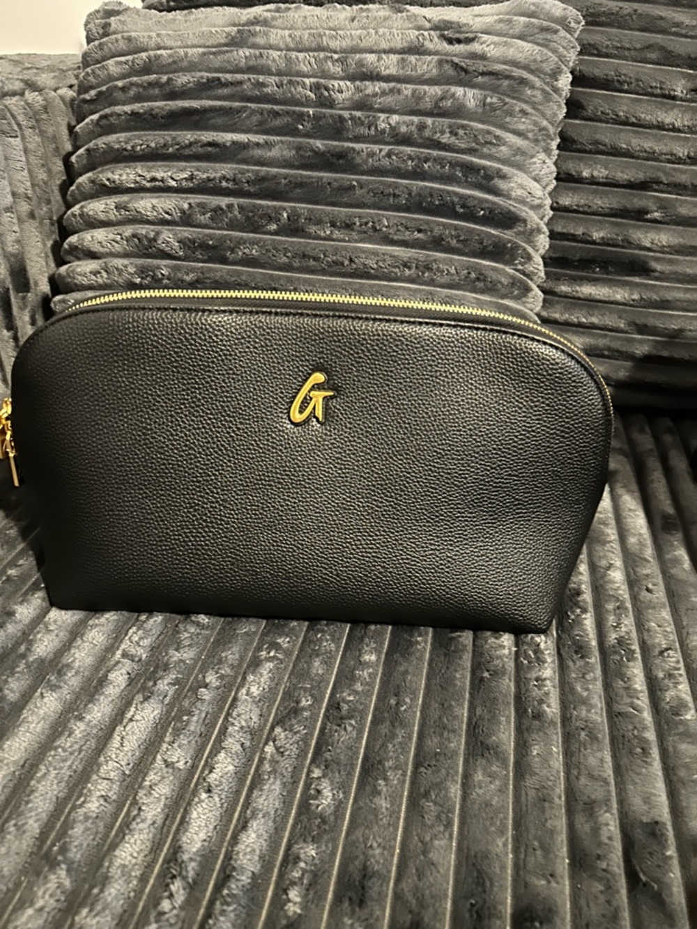 GT Black Pebbled Leather Cosmetic Pouch with Gold Trim